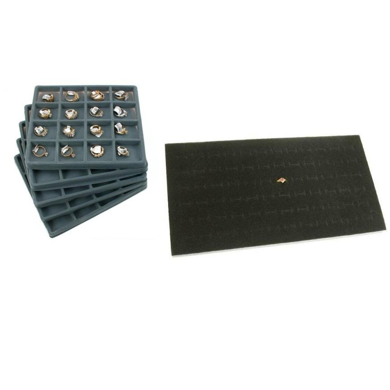 Gray 16 Slot Display Tray insert & Black Ring Foam Jewelry Pad Kit 6 Pcs